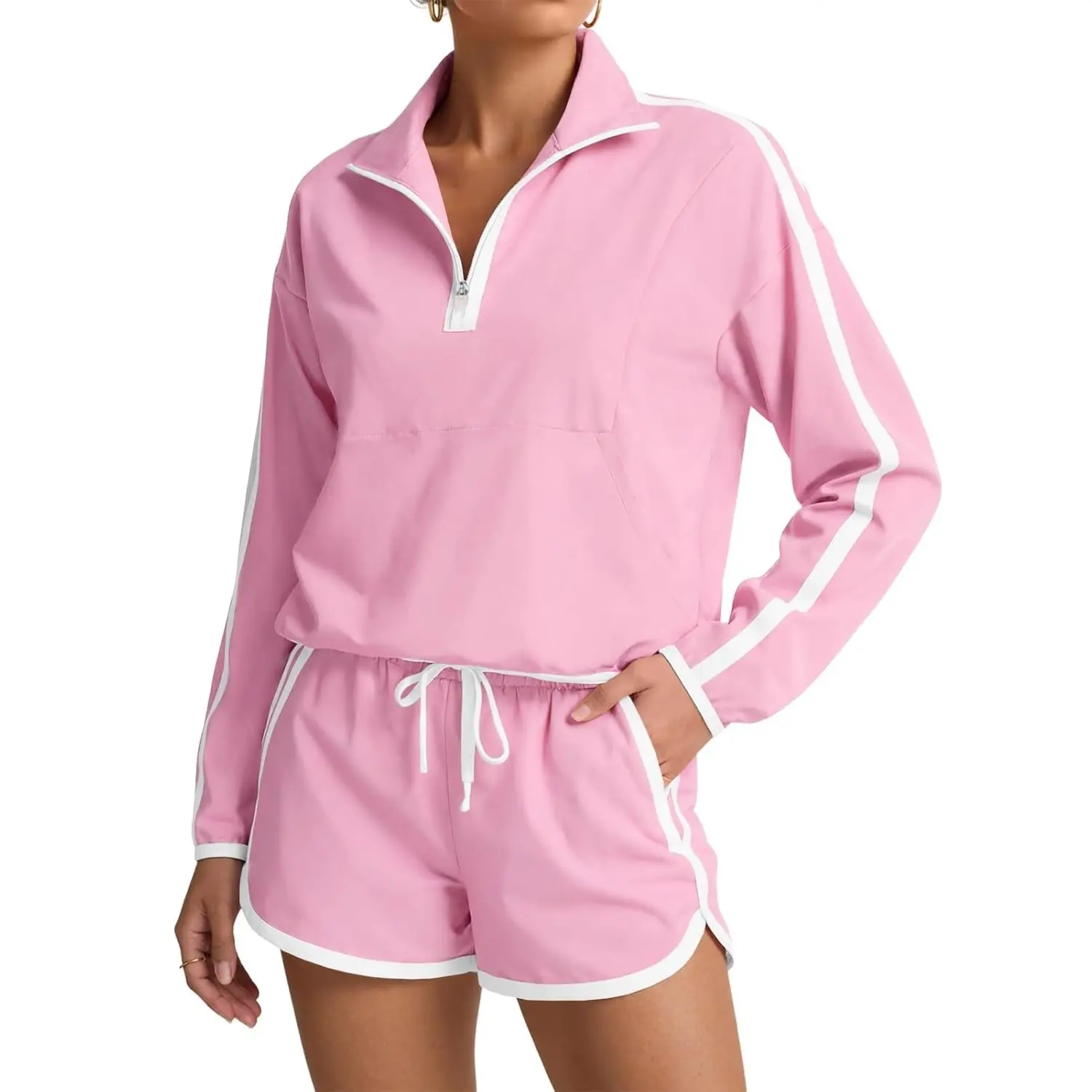 Womens 2 Piece Outfits Sets Half Zip V Neck Long Sleeve Pullover Tops Shorts Casual Tennis Running Tracksuits