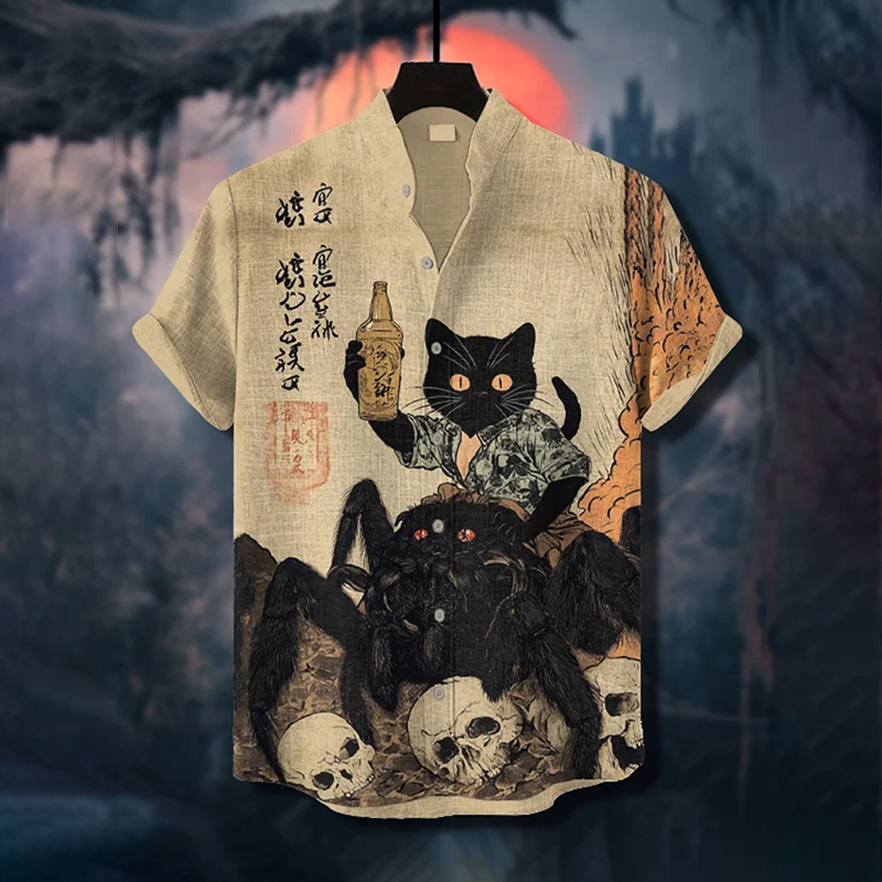 Men's Retro Japanese Calligraphy Art Black Cat And Spider Print Short Sleeve Shirt