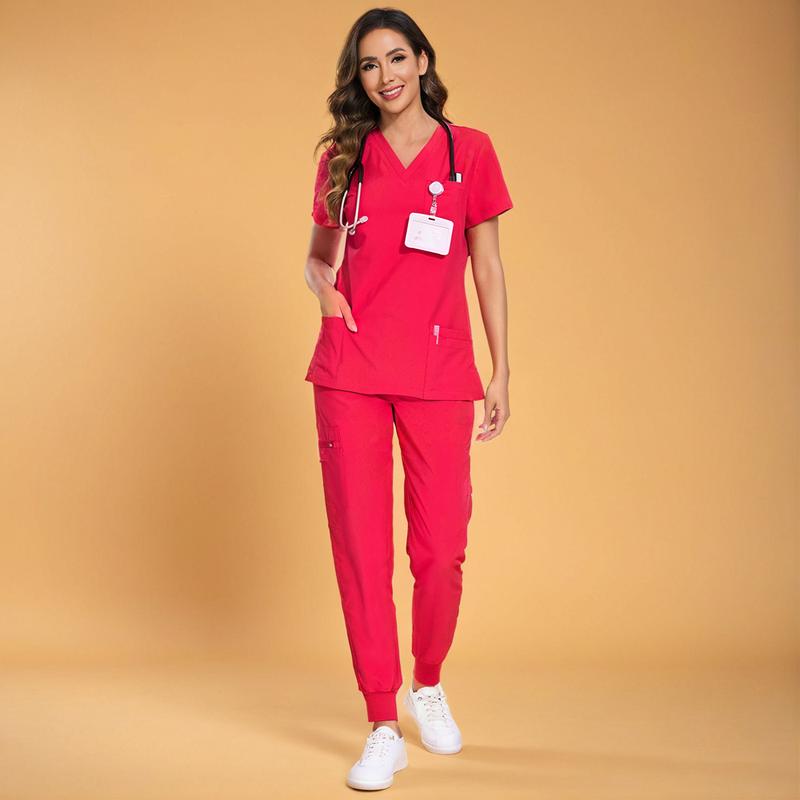 🔥Women’s Stretch V-Neck Scrub Set (Top + Jogger Pants) – 8 Pocket Utility Uniform