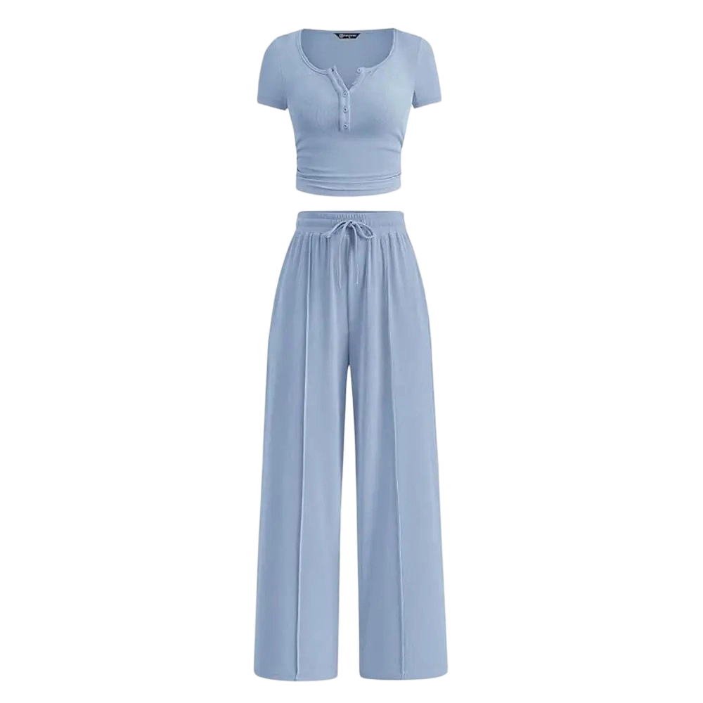 Women's 2-Piece Outfits Summer Ribbed Knit Button Short Sleeve Crop Slim Fit Tops & Wide Leg Pants Lounge Sets