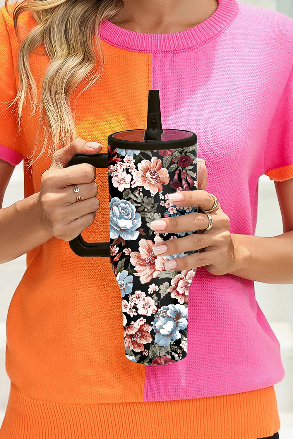 Black Flower Print Handle Large Vacuum Cup 40oz