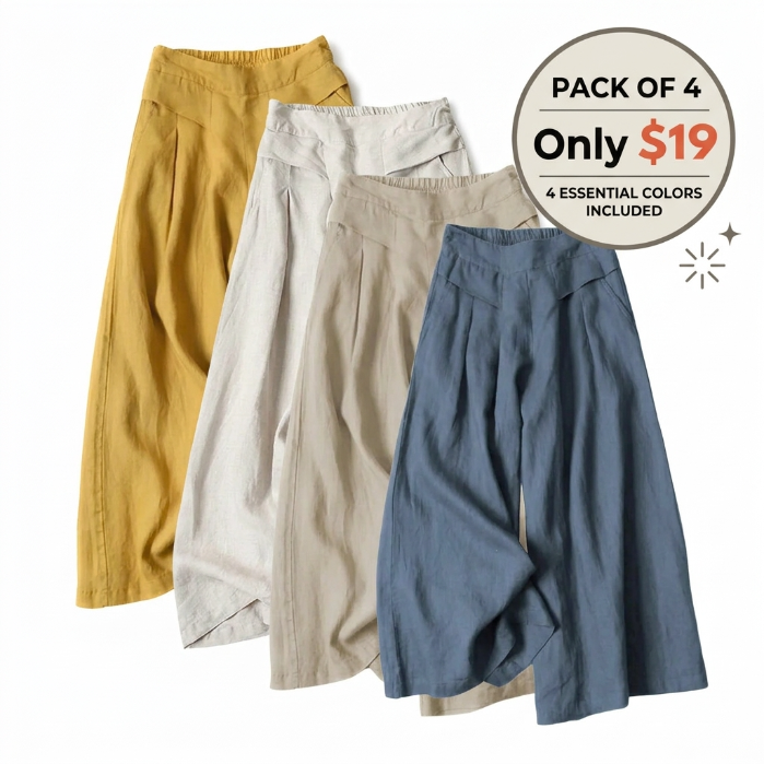 【Stock Up Deals】Women's Cotton Linen Culottes Pants Elastic Waist Wide Leg Palazzo Trousers Capri Pants with Pockets