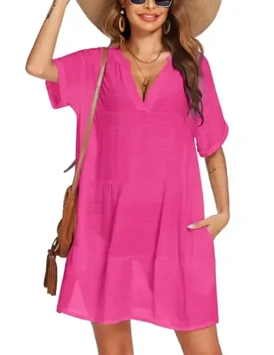Women’s Tassel Swimsuit Cover Up Dress – V-Neck Short Sleeve Beach Cover Up Shirt