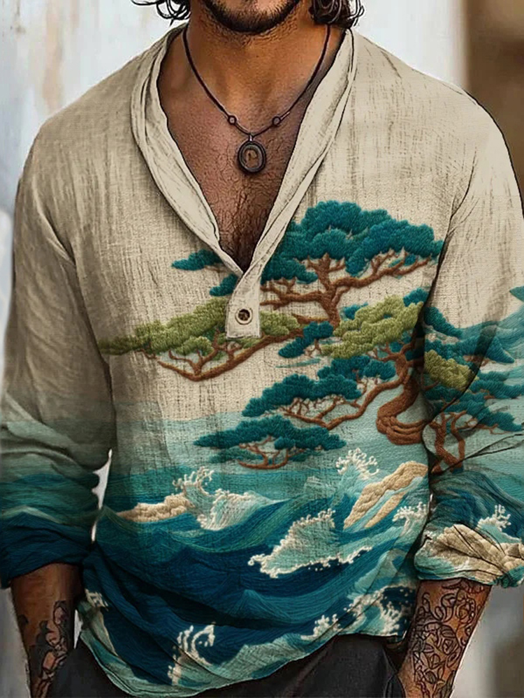 Men's Vintage Japanese Wave Pine Art Print Long Sleeve Linen Blend Shirt