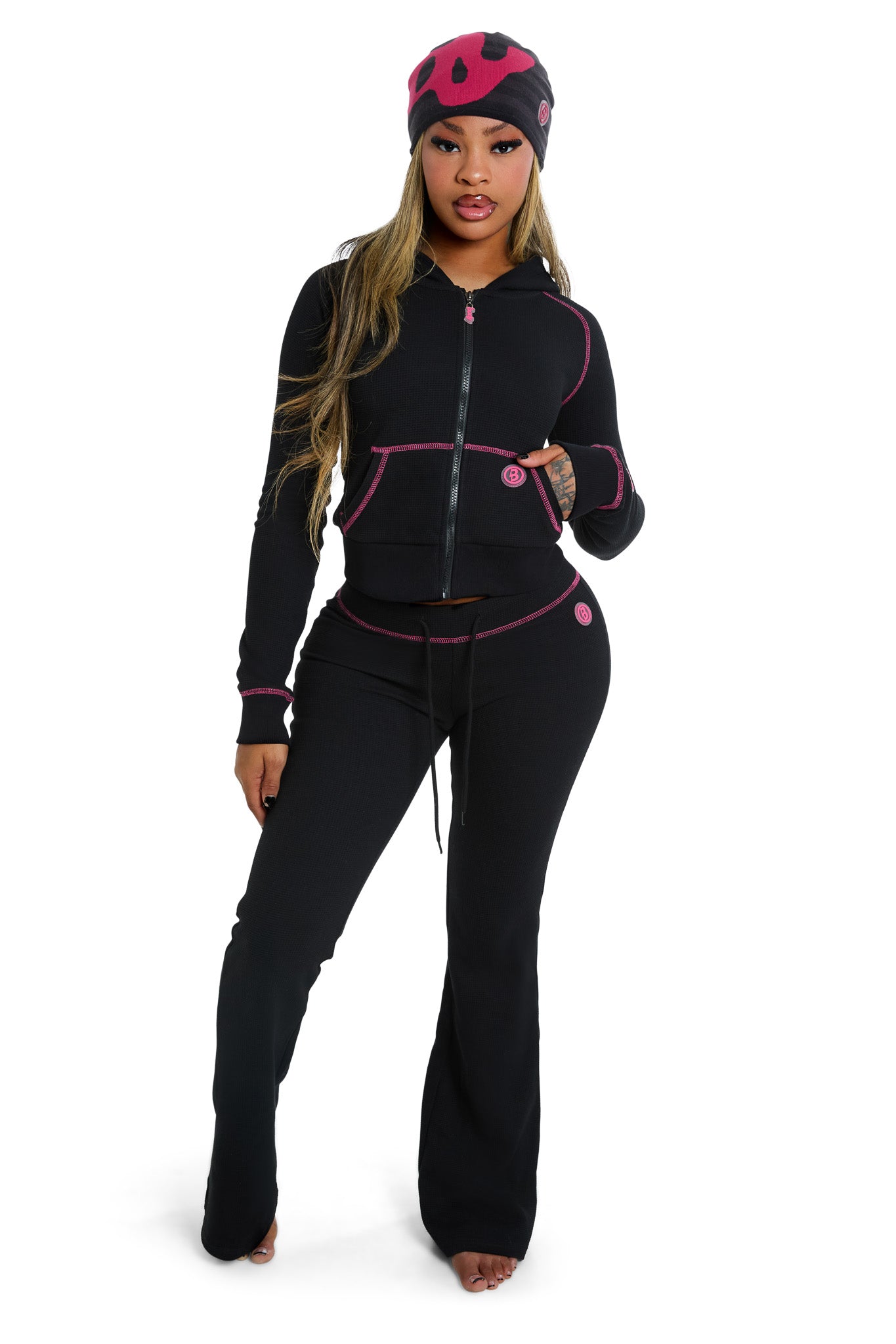 WAFFLE KNIT BOOT CUT PANTS (BLACK/PINK)