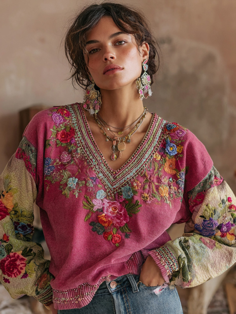 Women's Bohemian Floral Embroidery Art Contrast Color V-neck Casual Sweatshirt