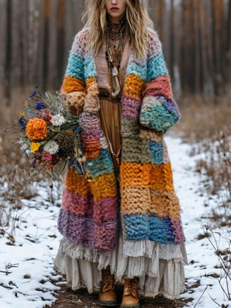 Women's Colorful  Patchwork Pattern Print Cardigan 53ef