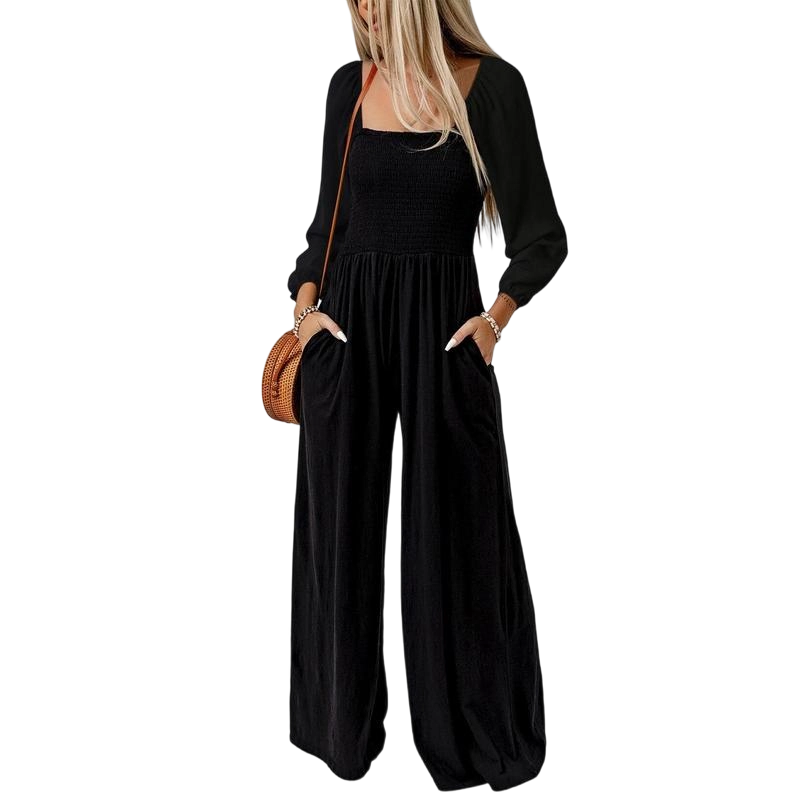 Women's Casual Loose Overalls Jumpsuits One Piece Long Sleeve Wide Leg Long Pant Rompers With Pockets