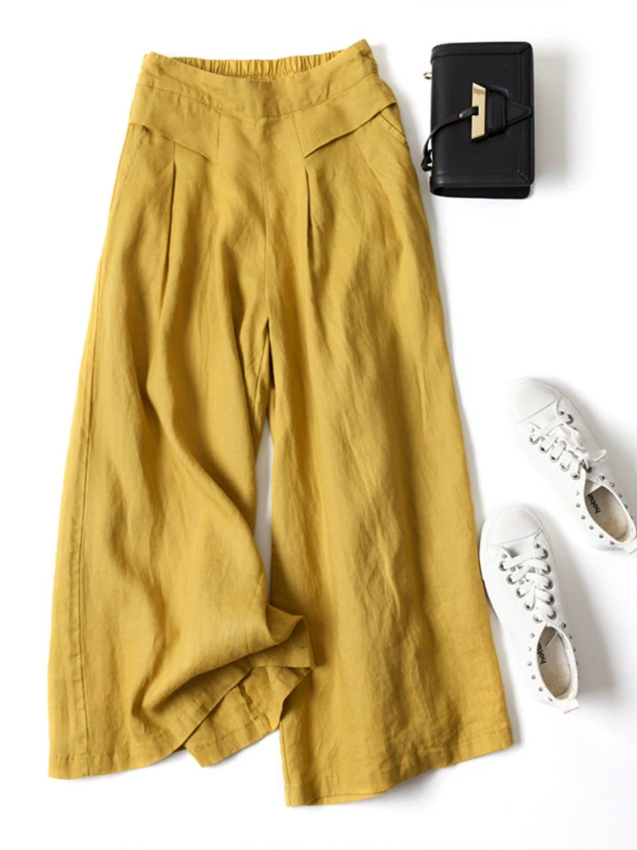 Women's Solid Color Semi-elastic High Waist Casual Pockets Cotton and Linen Wide Leg Pants