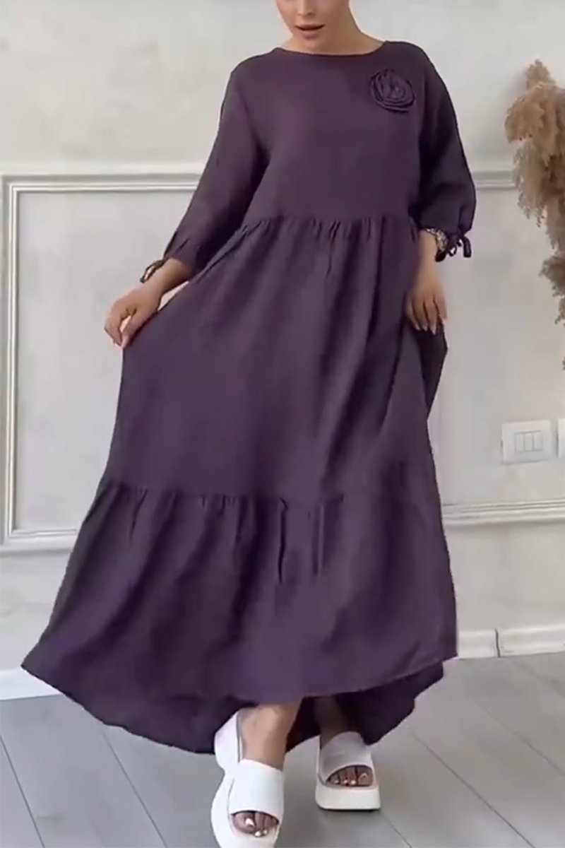 Women's Casual Cotton and Linen Gathered Floral Dress