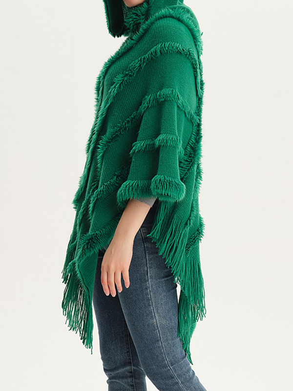 Hooded Keep Warm Solid Color Tasseled Shawl&Cloak Cape