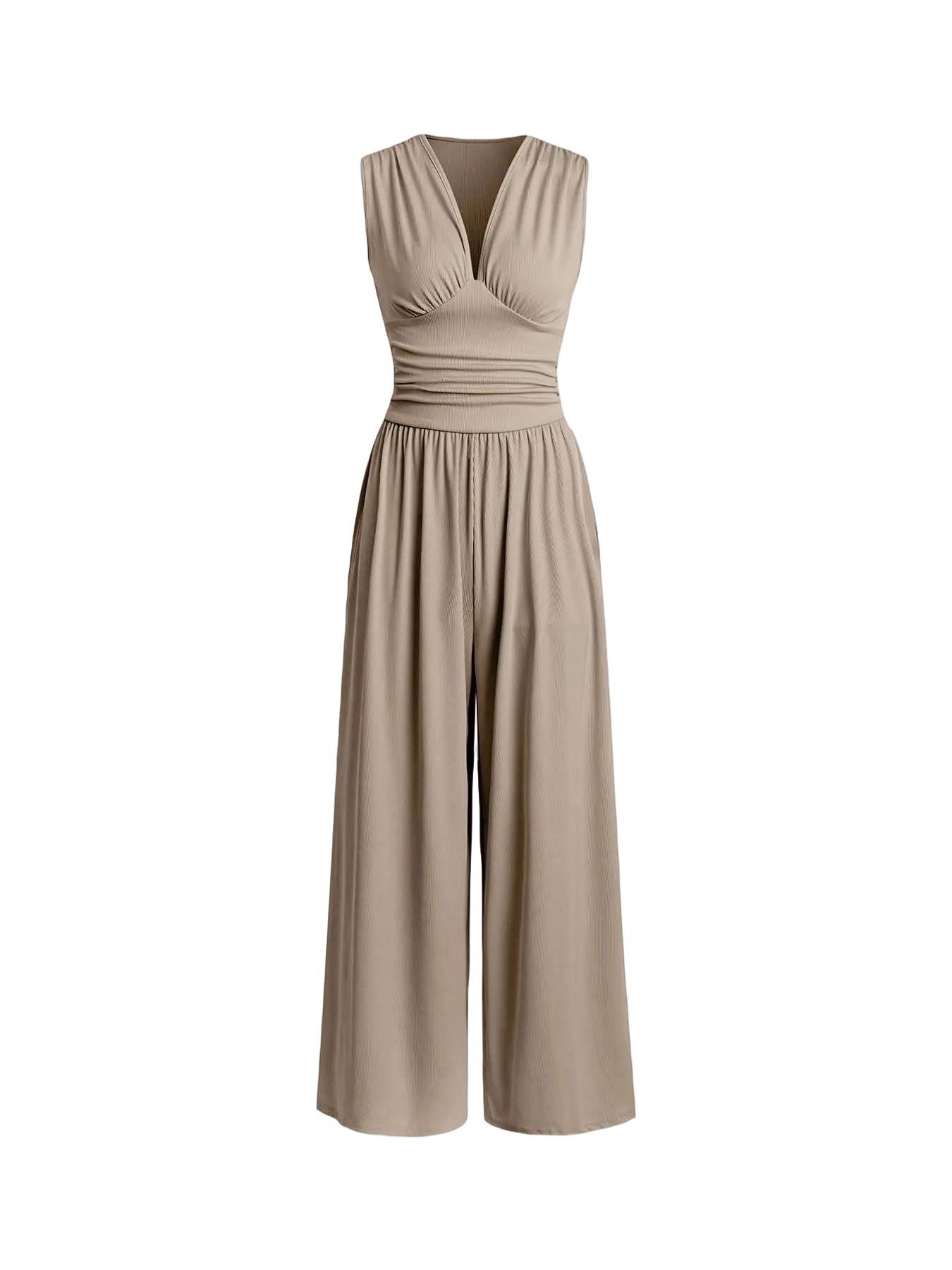 Women's Plain Ruched Deep V Neck Ribbed Fitted Jumpsuit, Elegant Sleeveless Wide Leg Jumpsuit for Summer