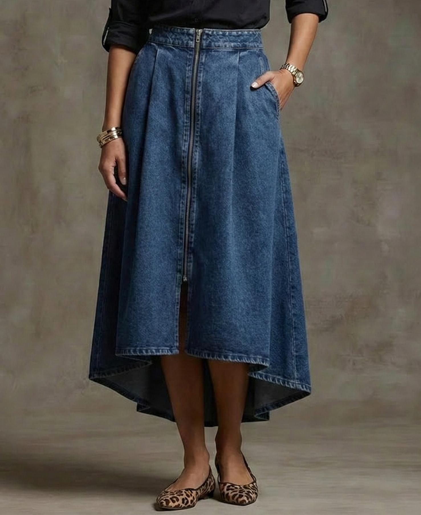 Women's Fashion Elegant Zippered Irregular Hem Denim Skirt