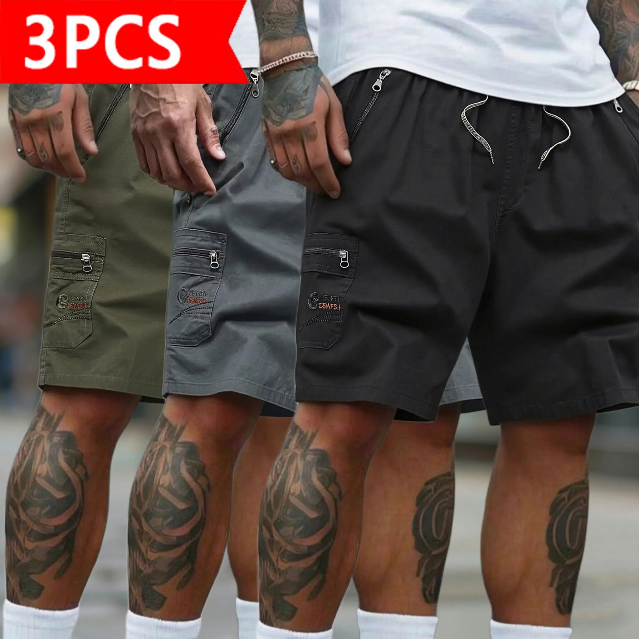Men's 5-Pack Cargo Shorts | Casual Drawstring Elastic Waist Shorts with Zipper Pockets | Quick Dry Lightweight Streetwear for Summer, Beach, Daily Wear & Outdoor Activities