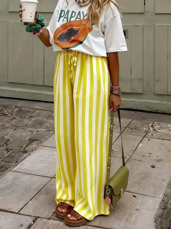 Women's Drawstring Wide-Leg Pants – Loose Fit Striped Casual Trousers