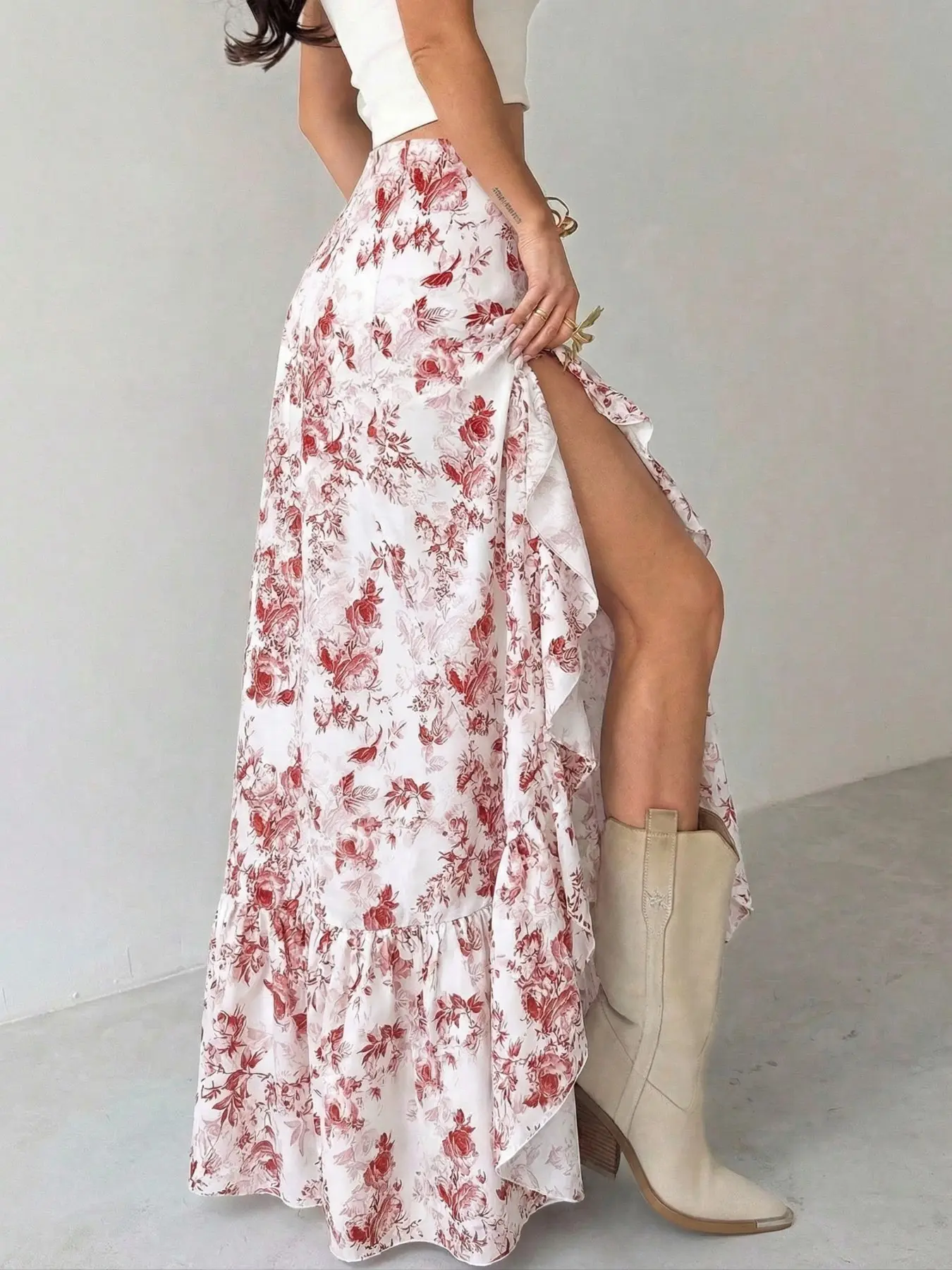 Bohemian Elegant Floral Print Irregular Ruffle A-Line Midi Skirt