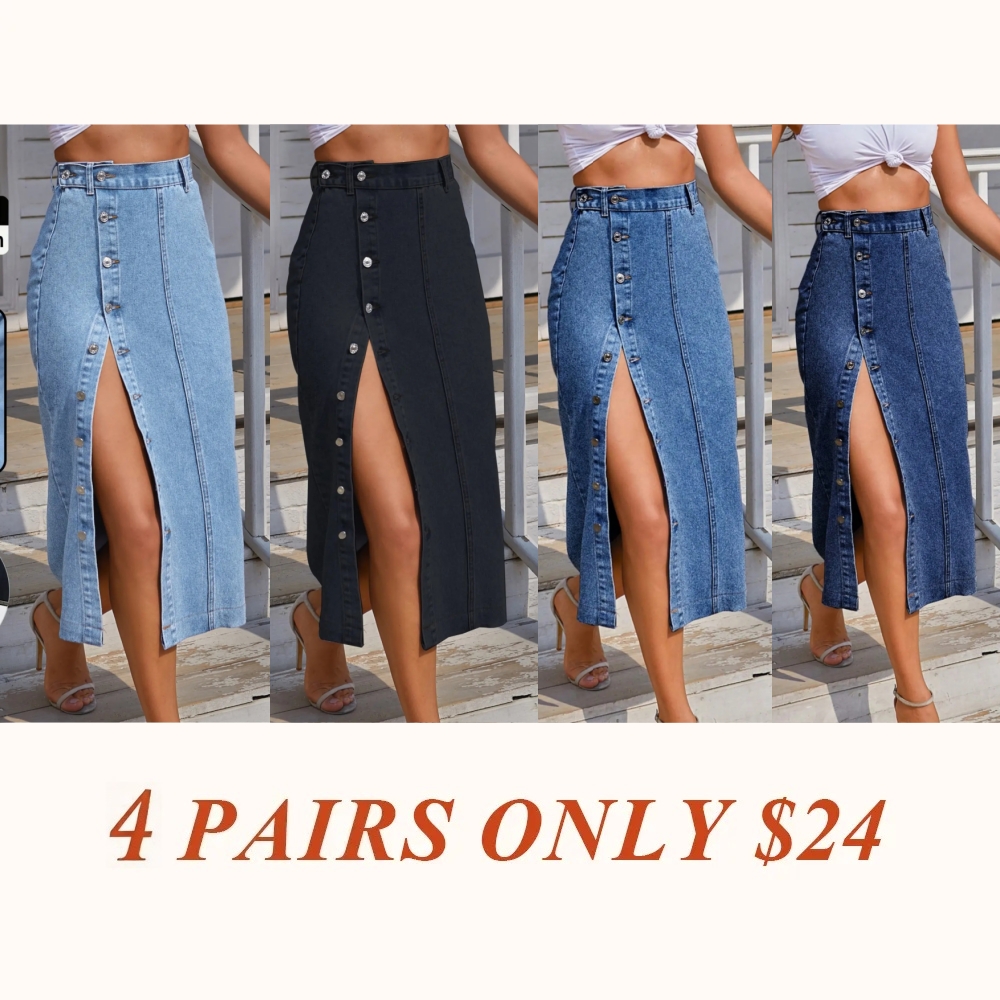Women's  Button Front Light Wash Denim Split Hem Skirt