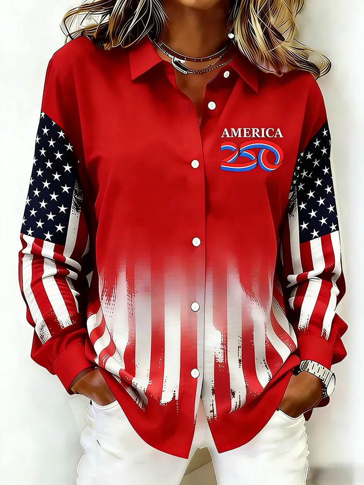 Ladies' Casual 250Th Anniversary Celebration Lapel Button Up Shirt