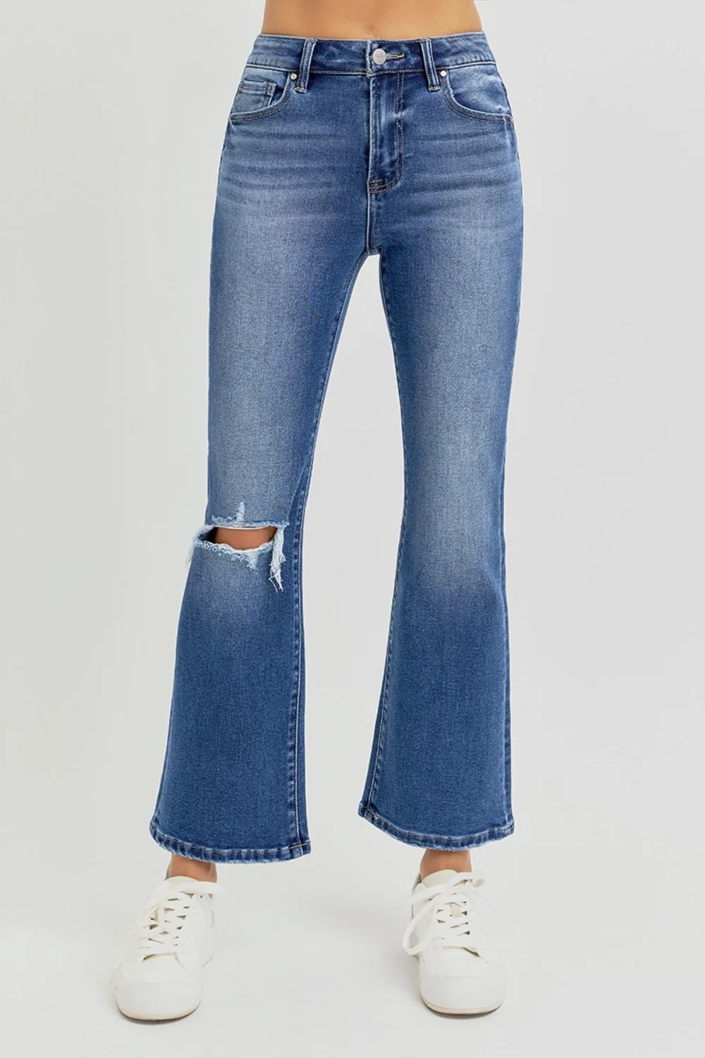 Full Size Distressed High Rise Crop Flare Jeans