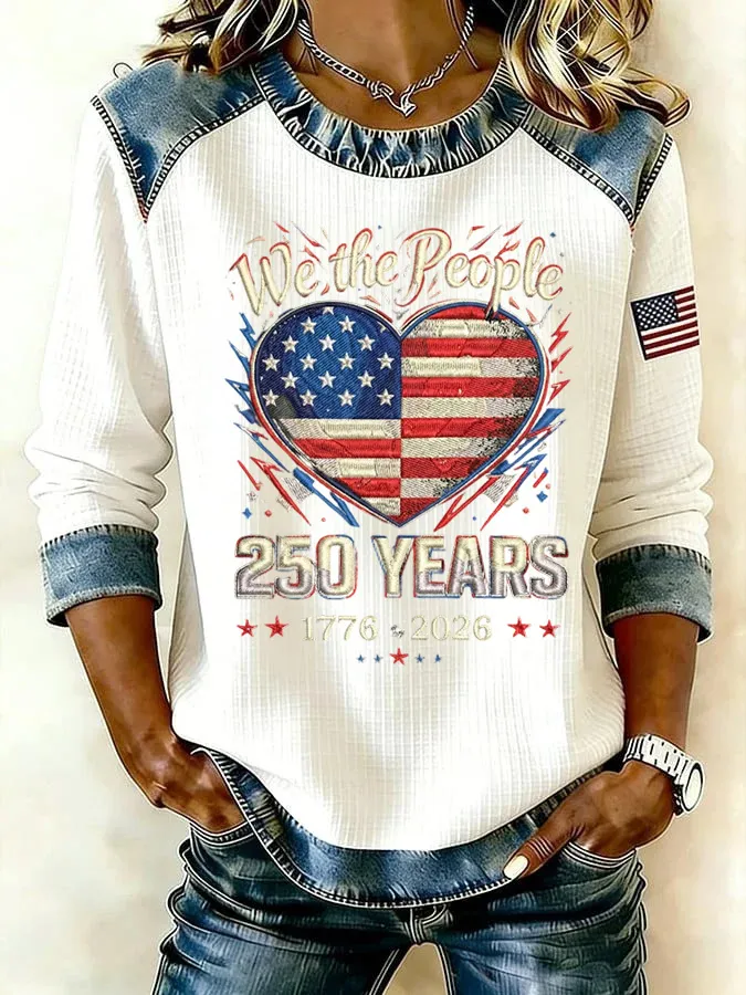 Ladies' Leisure 250Th Anniversary Celebration Splicing Color Contrasting Long Sleeve T-Shirt