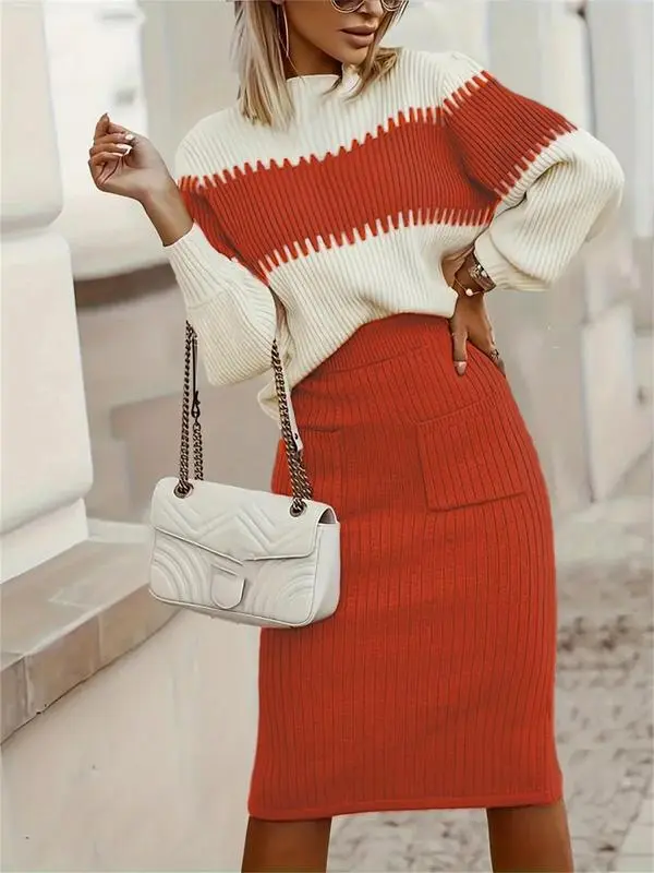 Women's Colorblock Bishop Sleeve Mock Neck Sweater & High Waist Skirt Set
