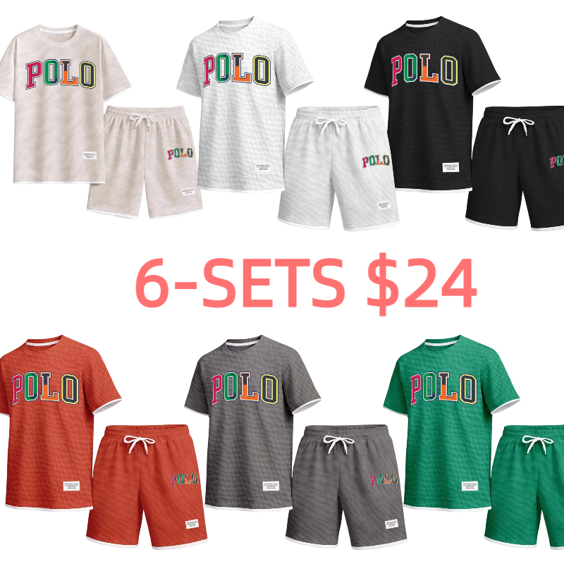 Men's Polo Print Drawstring Shorts Set For Spring/Summer