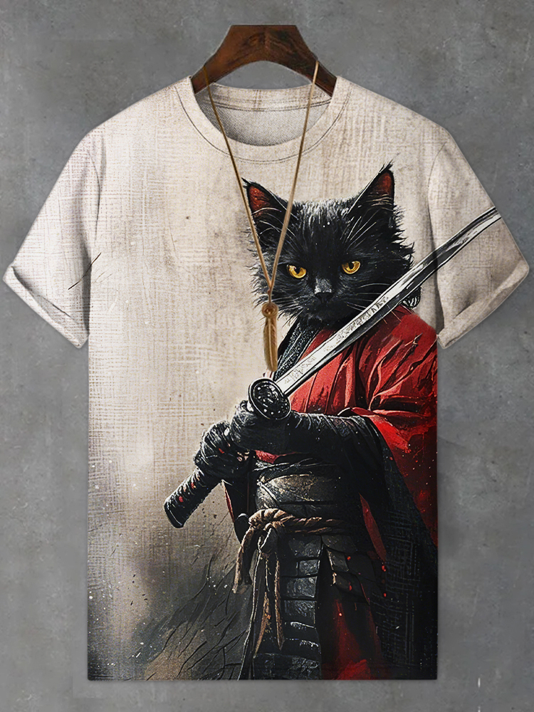 Men's Black Cat Samurai Ink Art Painting Print Comfortable T-shirt