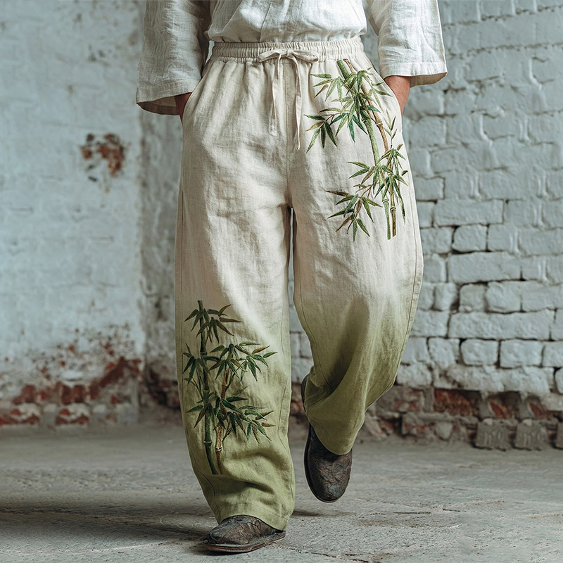 Men's Japanese Bamboo Art Pattern Linen Blend Casual Pants