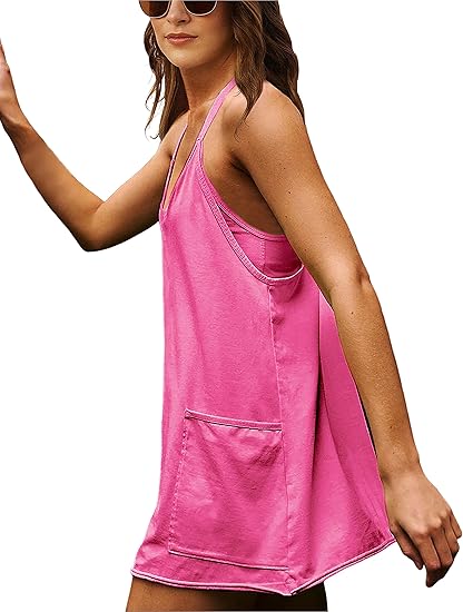 【Stock Up Deals】Athletic Sleeveless Tennis Dress with Shorts Built-in Shorts V Neck Spaghetti Straps Athletic Shorts Tennis Dress with Pockets