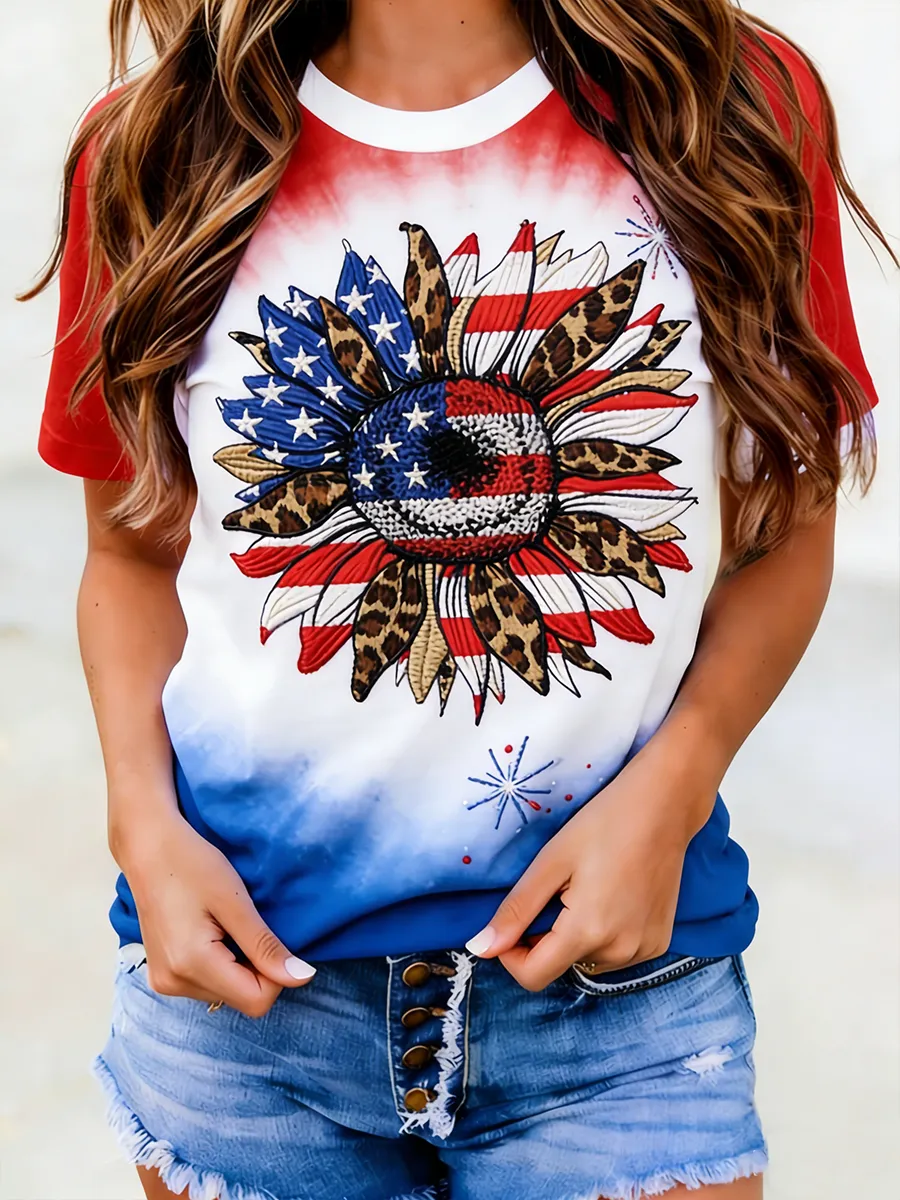 Women's 250th Anniversary USA Sunflower Flag Embroidered Printed Casual T-shirt