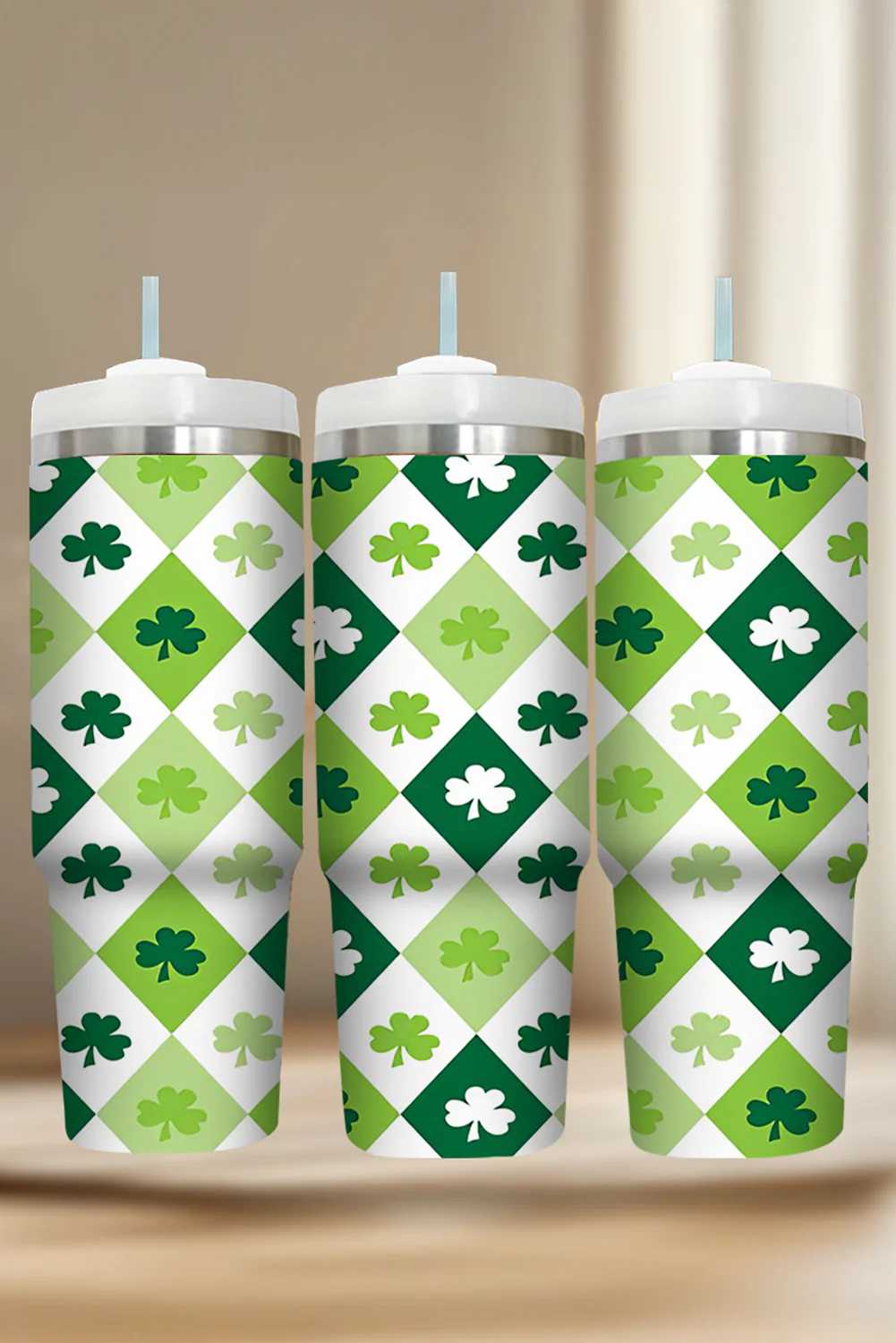 Green Clover Checkered Print Straw Large Tumbler 40oz