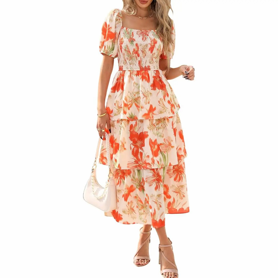 Women's Square Neck Smocked Dress with Puff Short Sleeve Floral Casual Ruffle Tiered Wedding Guest Dress
