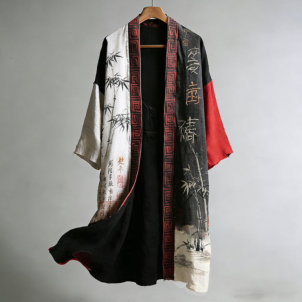 Vintage Japanese Art Ink Bamboo Print Distressed Color-block Kimono