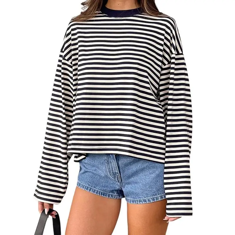 Women Long Sleeve Crew Neck Loose Striped T Shirt