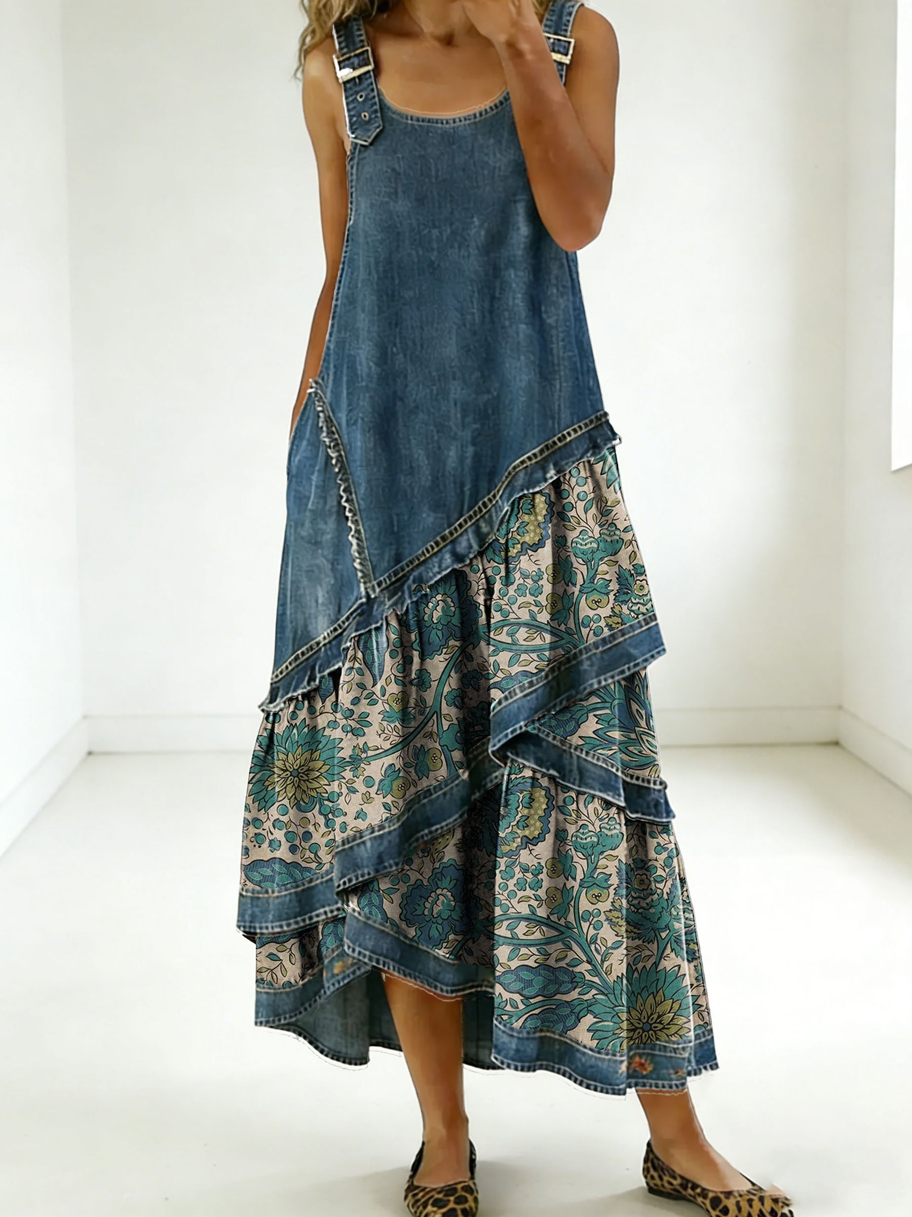 Women's Fashion Floral Denim Design Sleeveless Multi-layered Ruffled Strap Dress