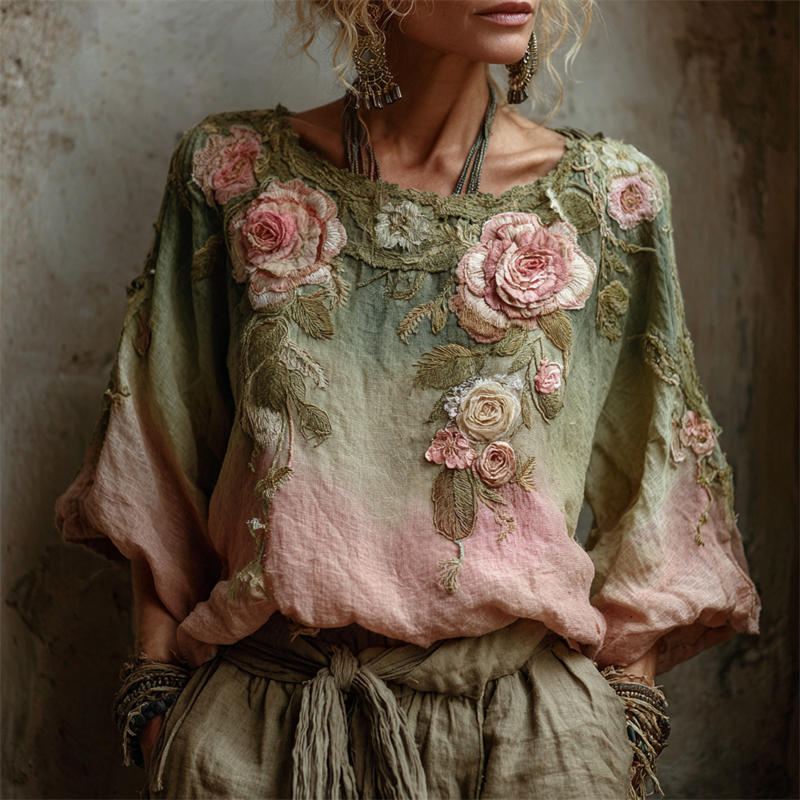 Vintage Pink Roses Forest Gradient Linen Tunic