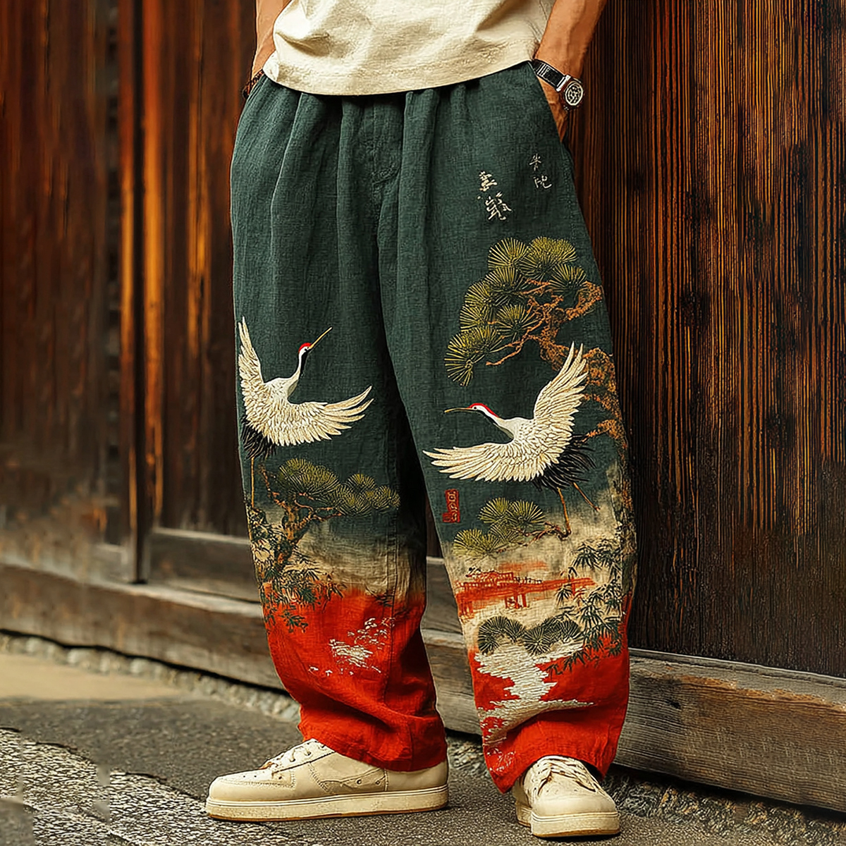 Men's Japanese Songhe Art Embroidery Art Linen Blended Casual Pants