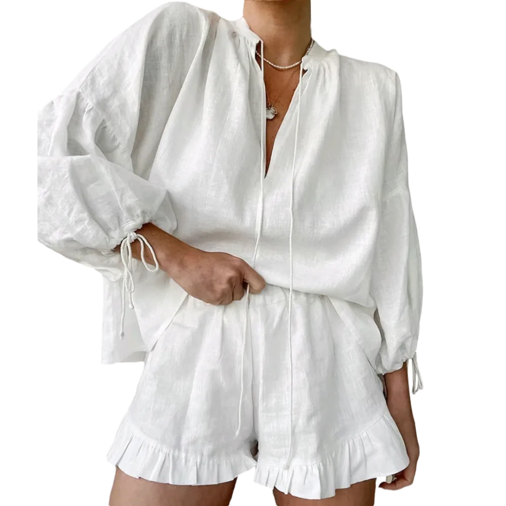 Women's 2-Piece Summer Shorts Set – Long Sleeve Tie-Up V-Neck Top & Elastic Waist Shorts, Casual Solid Color Outfit