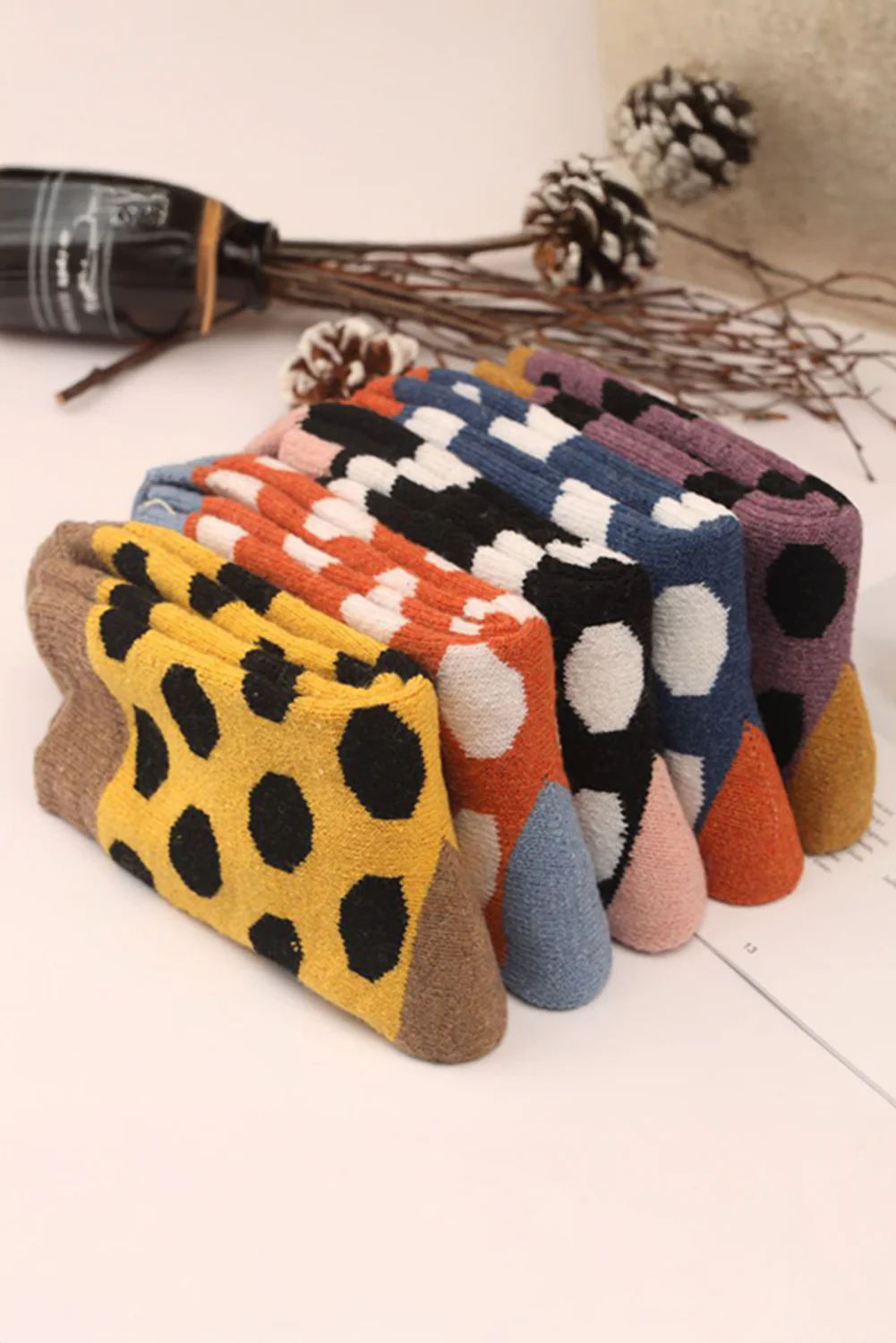 Grapefruit Orange Polka Dot Color Block Thick Soft Crew Socks