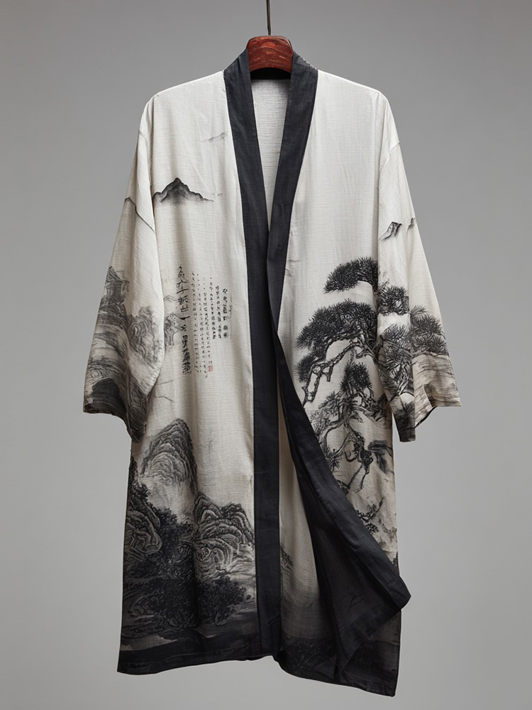Men's Retro Landscape Painting Art Linen Long Kimono