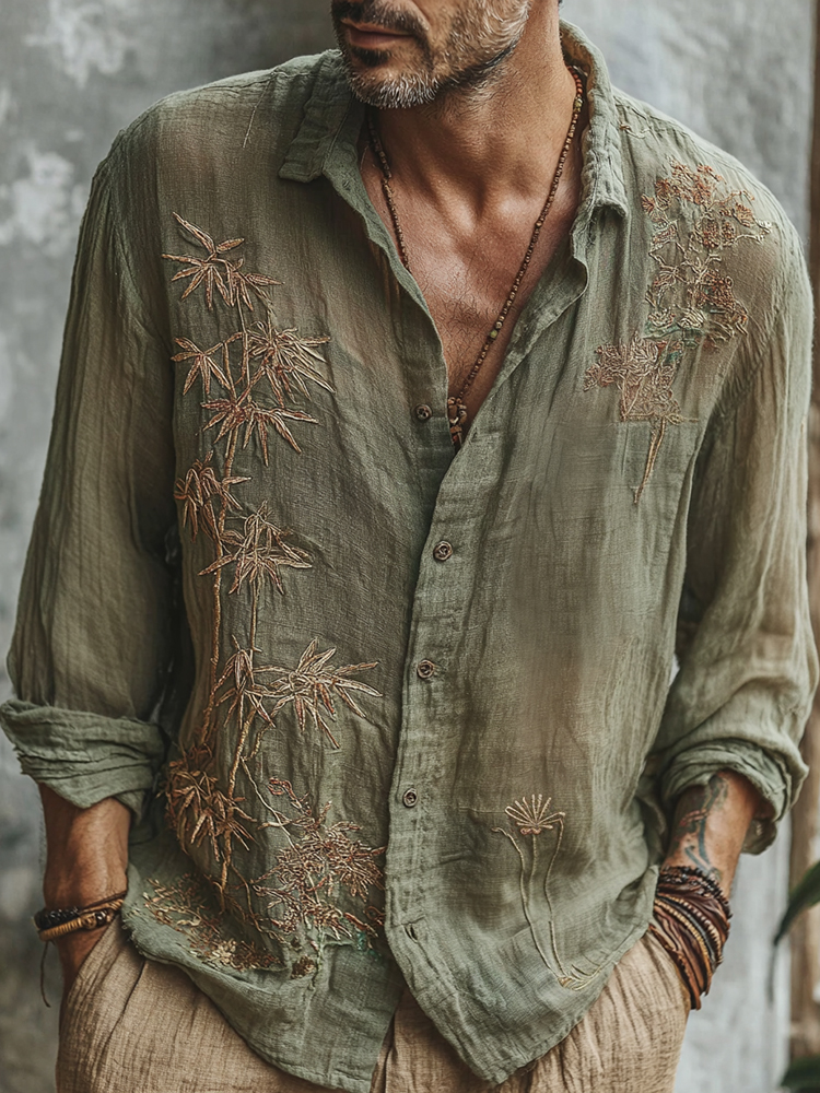 Men's Vintage Japanese Bamboo Embroidery Art Linen Blend Shirt