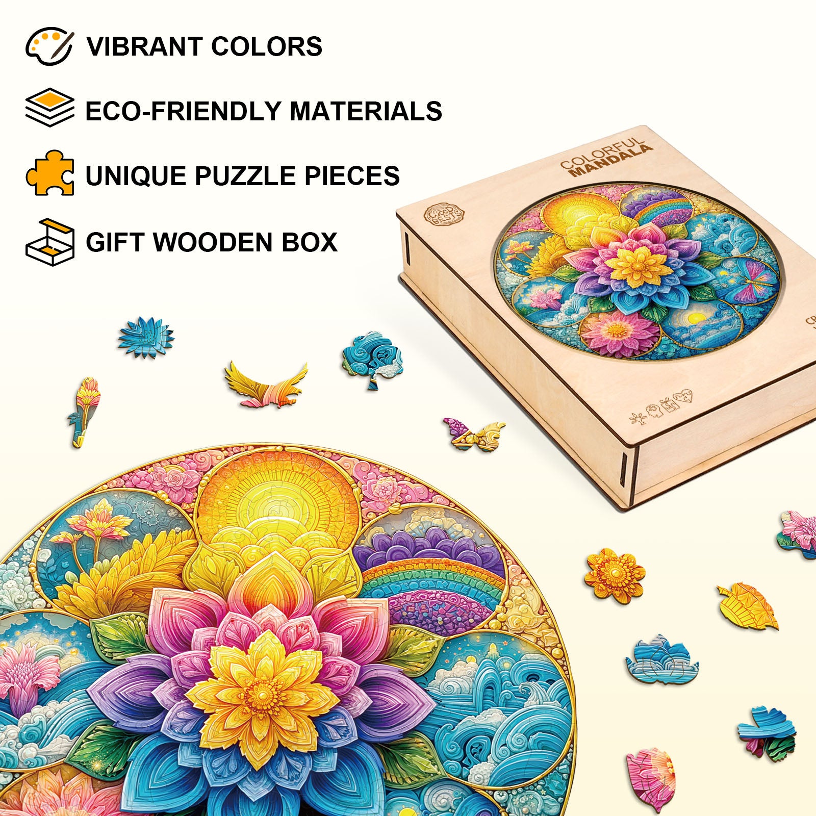 Colorful Mandala Wooden Jigsaw Puzzle
