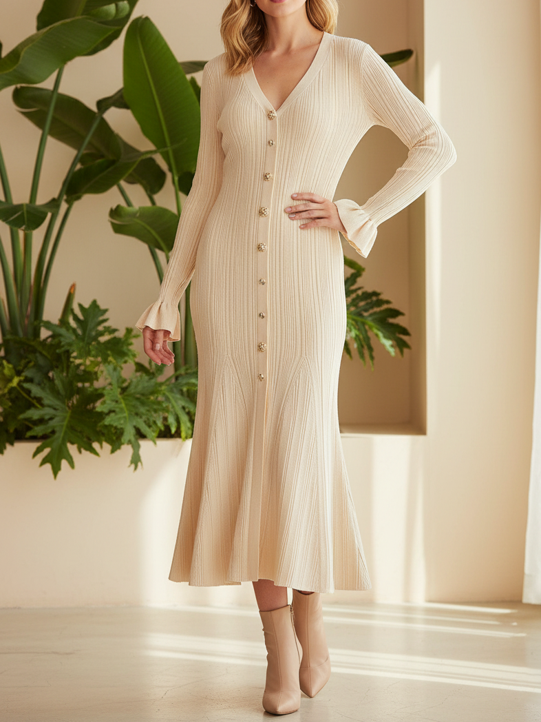 NEW🔥 Casual Solid V-Neck Woolen Dress