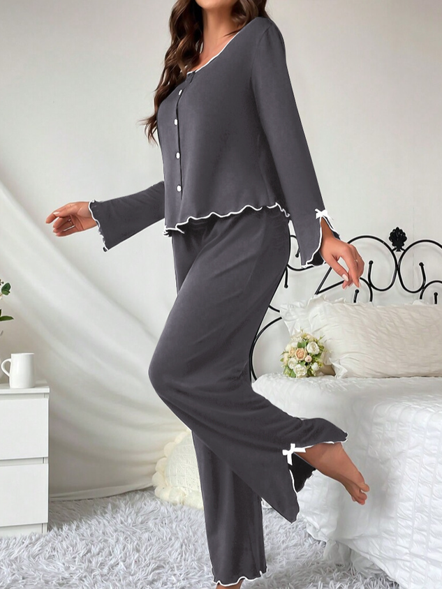Ruffle Hem Long-Sleeved Trousers Two-Piece Set Comfortable High-End Home Wear Suit Casual And Good For Sleeping