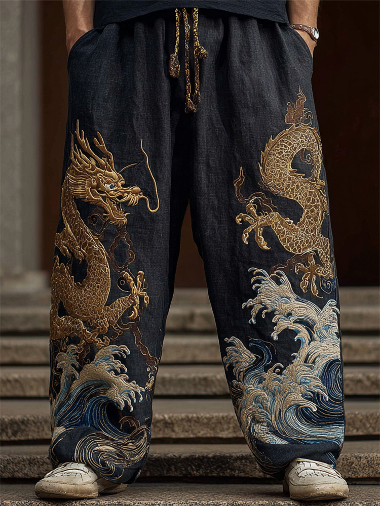 Men's Japanese Gold Dragon Sea Waves Embroidered Linen Pants