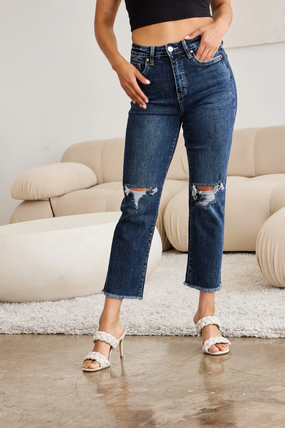 Crop Full Size Tummy Control Distressed High Waist Raw Hem Jeans