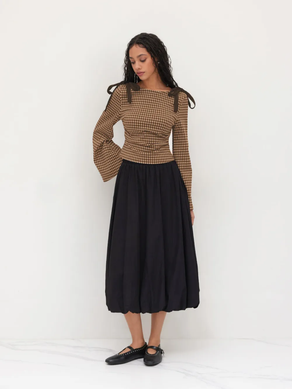 Boat Neck Gingham Bowknot Ruched Long Sleeve Top