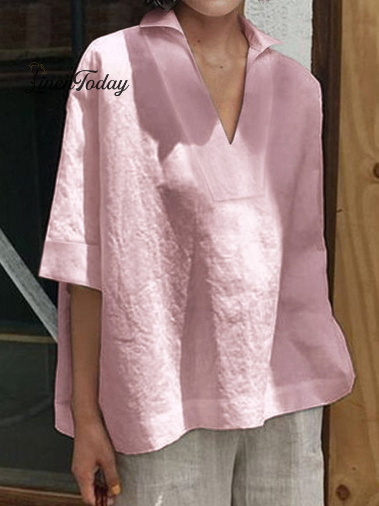 Women's V-neck Cotton And Linen Solid Colour Loose Mid-Sleeve Shirt