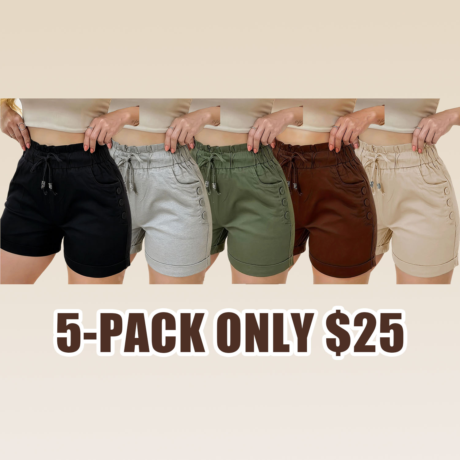 Women's Solid Button Pocket Cargo Fitted Shorts, Casual Elastic Waist Shorts for Summer, Ladies Bottoms for Daily Wear, Womenswear