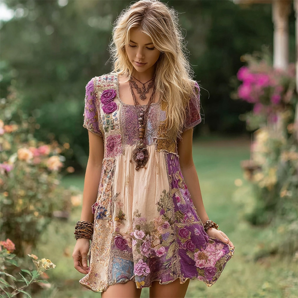 Purple Floral Boho Art Women's Linen Short Sleeve Mini Dress